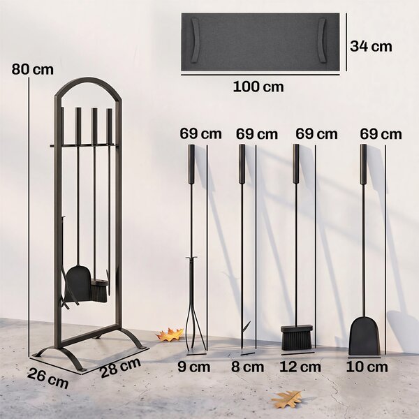 Outsunny Set Camino Metallo 6 Pezzi con Borsa, Spazzola, Paletta, Attizzatoio, Pinze, Supporto, Nero | Aosom Italy