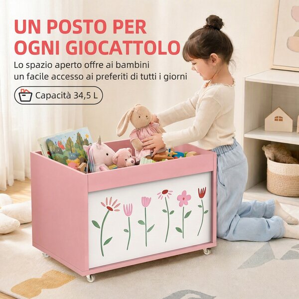AIYAPLAY Baule Portagiochi per Bambini 3-8 Anni con Ruote, 34.5L, Capacità 15 kg, 50x30x33.5 cm, per Cameretta, Rosa | Aosom Italy