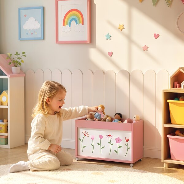 AIYAPLAY Baule Portagiochi per Bambini 3-8 Anni con Ruote, 34.5L, Capacità 15 kg, 50x30x33.5 cm, per Cameretta, Rosa | Aosom Italy