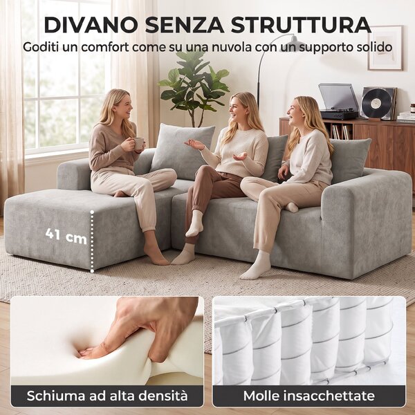 HOMCOM Divano Angolare 3 Posti Senza Struttura, Seduta Ampia Profonda, in Ciniglia per Soggiorno, Grigio Chiaro | Aosom Italy