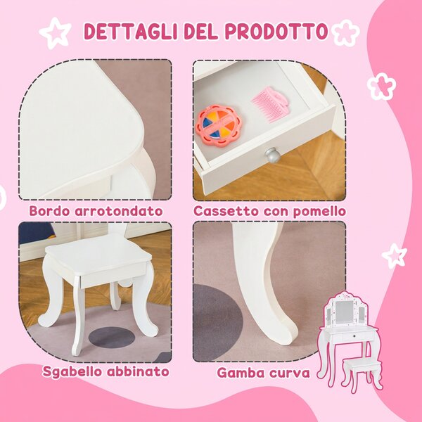 HOMCOM Toeletta per Bambini con Sgabello in Legno, Tavolo Trucco con Triplo Specchio e Cassetto, 63x40x85.5cm, Bianco|Aosom