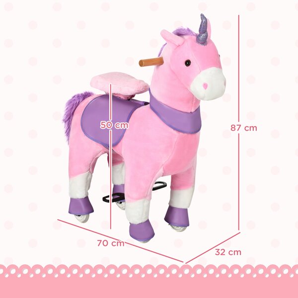 HOMCOM Cavallo a Dondolo con Ruote a Forma di Unicorno per Bambini da 3-6 Anni, 70x32x87cm, Rosa|Aosom