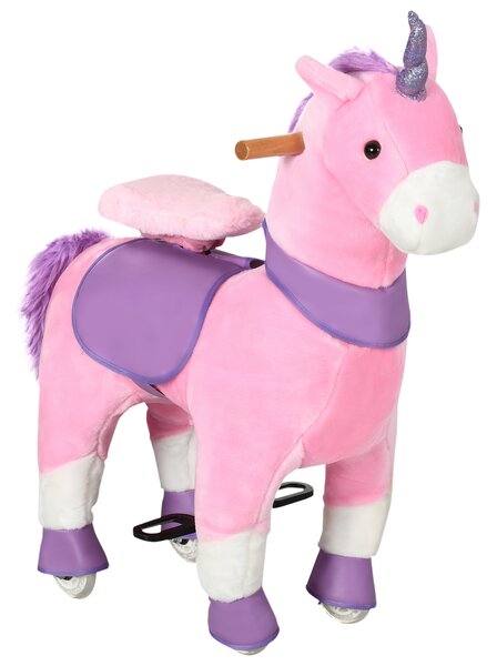HOMCOM Cavallo a Dondolo con Ruote a Forma di Unicorno per Bambini da 3-6 Anni, 70x32x87cm, Rosa|Aosom