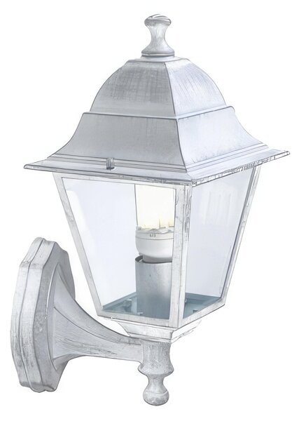 Applique in pressofusione di alluminio. OLD PICCOLA Diffusori in vetro trasparente. Dimensione:20x18x h 37 cm Altezza max lampada: 170mm. Alimentazione 230 V ~ 50 Hz Bianco Argento
