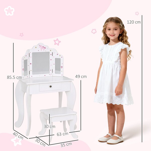 HOMCOM Toeletta per Bambini con Sgabello in Legno, Tavolo Trucco con Triplo Specchio e Cassetto, 63x40x85.5cm, Bianco|Aosom