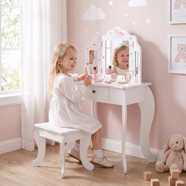 HOMCOM Toeletta per Bambini con Sgabello in Legno, Tavolo Trucco con Triplo Specchio e Cassetto, 63x40x85.5cm, Bianco|Aosom