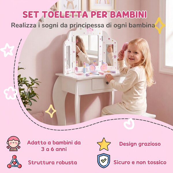 HOMCOM Toeletta per Bambini con Sgabello in Legno, Tavolo Trucco con Triplo Specchio e Cassetto, 63x40x85.5cm, Bianco|Aosom