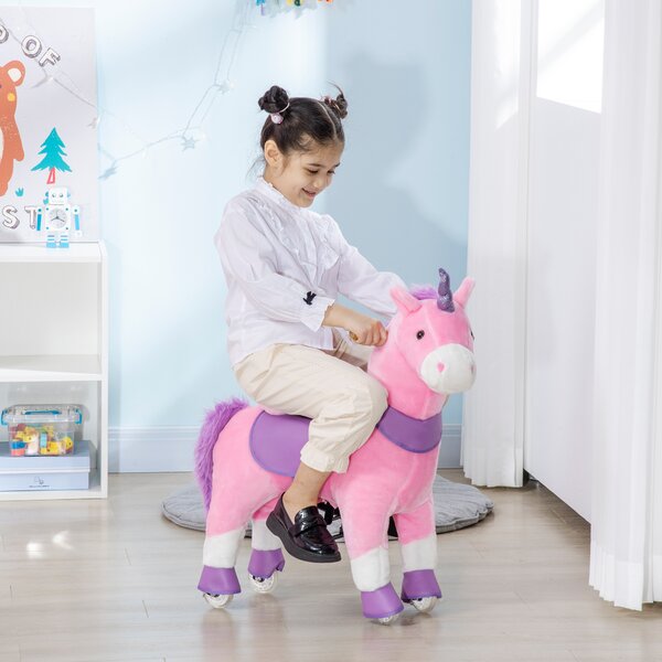 HOMCOM Cavallo a Dondolo con Ruote a Forma di Unicorno per Bambini da 3-6 Anni, 70x32x87cm, Rosa|Aosom