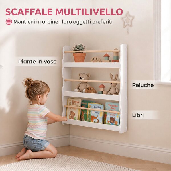 AIYAPLAY Libreria Montessoriana per Bambini 3-8 Anni a 3 Ripiani, 60x15x73 cm, per Cameretta, Bianco | Aosom Italy