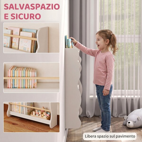 AIYAPLAY Libreria Montessoriana per Bambini 3-8 Anni a 3 Ripiani, 60x15x73 cm, per Cameretta, Bianco | Aosom Italy