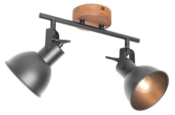 Faretto industriale nero con legno inclinabile 2 luci - Tommy