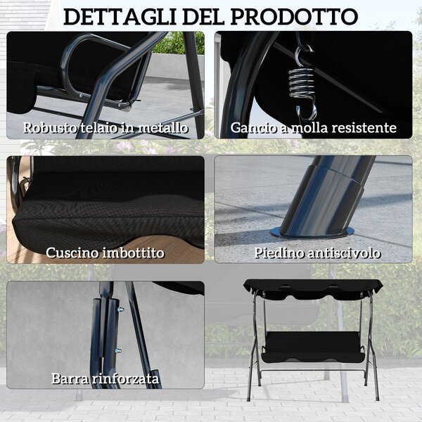 Outsunny Dondolo 3 Posti con Tettuccio Regolabile e Cuscini, in Acciaio e Poliestere, 170x110x153 cm, Nero | Aosom Italy