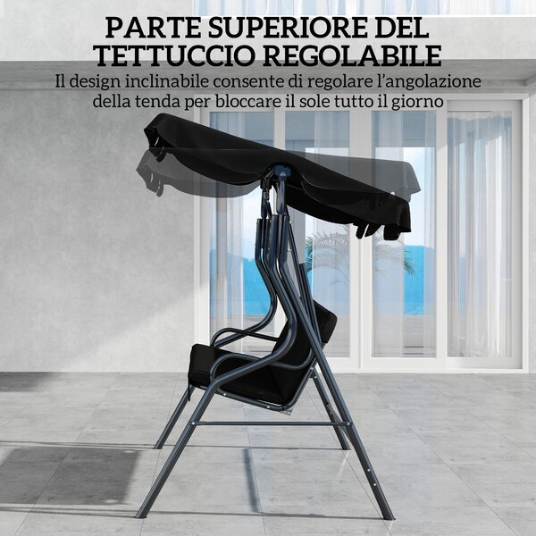 Outsunny Dondolo 3 Posti con Tettuccio Regolabile e Cuscini, in Acciaio e Poliestere, 170x110x153 cm, Nero | Aosom Italy