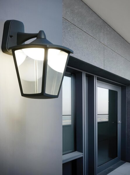 Applique in alluminio pressofuso. Diffusori in vetro trasparente ROYAL APPLIQUE IN BASSO 7W LED 4000K Dimensioni 18x22xh 28,2 cm Diffusore di protezione interno colore GRAFITE