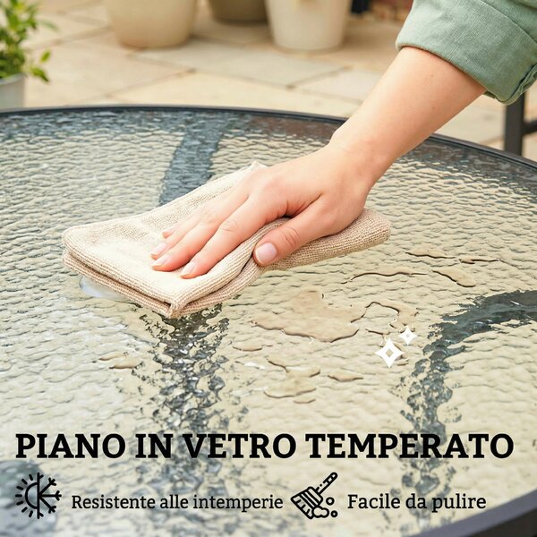 Outsunny Tavolino da Giardino Rotondo con Foro per Ombrellone, in Metallo e Vetro Temperato, Ø96.5x71 cm, Nero