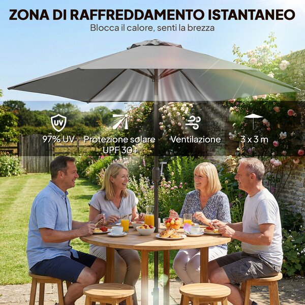 Outsunny Ombrellone da Giardino 3x3 m Inclinabile con Apertura a Manovella, in Metallo e Poliestere, Grigio | Aosom Italy