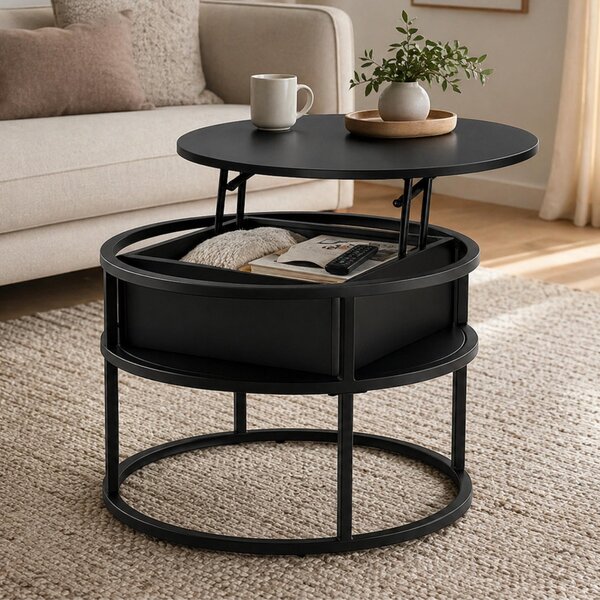 Home Collective Tavolino da salotto Tavolino di servizio Ø 60 cm regolabile in altezza con vano portaoggetti Tavolino da salotto moderno | Mobili da salotto Tavolino da divano | Robusta struttura in metallo con vano integrato | Nero