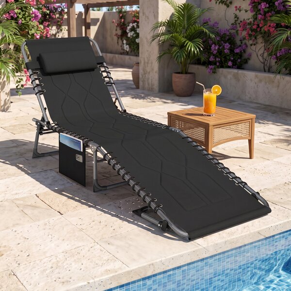 Outsunny Sdraio da Giardino con Schienale Regolabile su 5 Posizioni con Poggiatesta e Tasca Laterale, 188x57x30cm, Nera