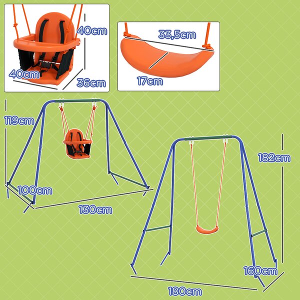 Outsunny Altalena da Giardino 2 in 1 per Neonati e Bambini da 6 Mesi a 8 Anni, Arancione e Blu