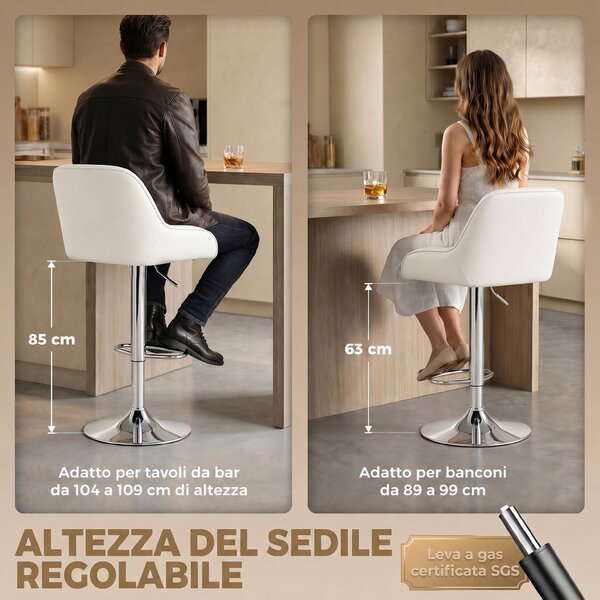 HOMCOM Set 2 Sgabelli da Bar Girevoli Regolabili per Cucina, Bianco | Aosom Italy