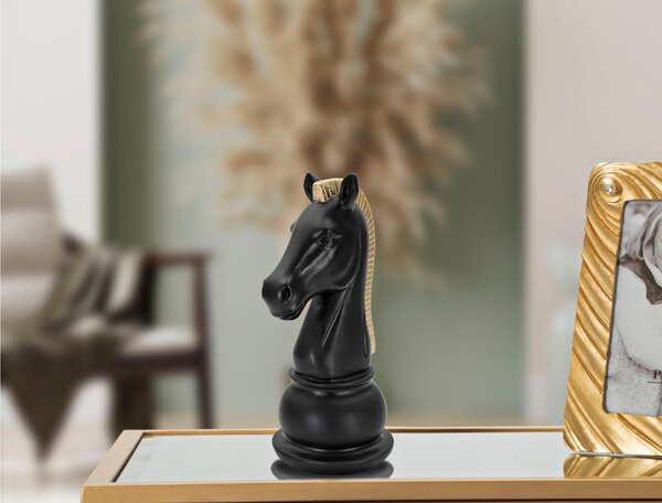 Elegante scultura nera con finiture dorate CAVALLO DEGLI SCACCHI 10,5x8,5x19 cm- colore oro e nero