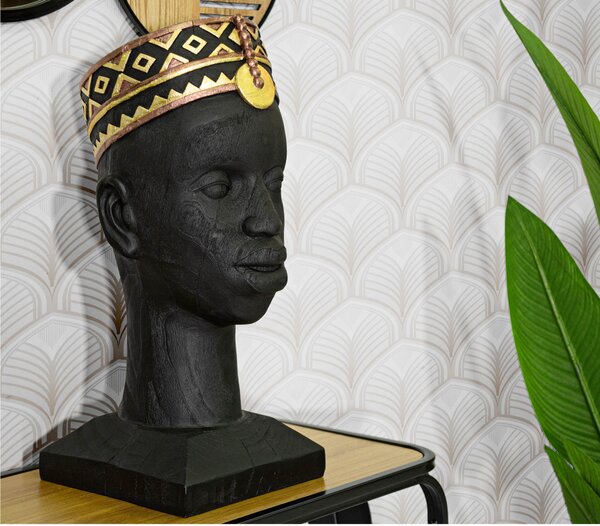 Statua a forma di testa di uomo con copricapo ispirato alla tradizione nordafricana Dimensioni 25x25xh 56 cm- colore ebano