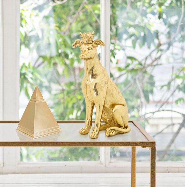 Statua cane seduto con corona dorata DOG GOLD Dimensioni 20x12xh 33 cm- Lavorazione quadretti colore oro