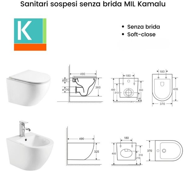 Kamalu sanitari sospesi senza brida colore bianco lucido | mil-bl