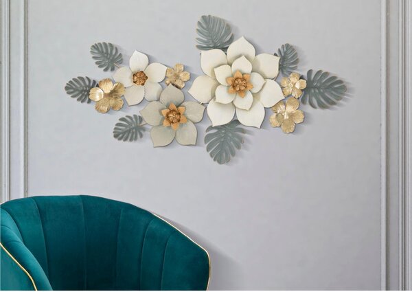 Pannello decorativo 3D da parete composto da Fiori e foglie ,MOTY, 72,4x7x h 74,5 cm peso 2,400 kg impreziositi da Fiori e Foglie dorate