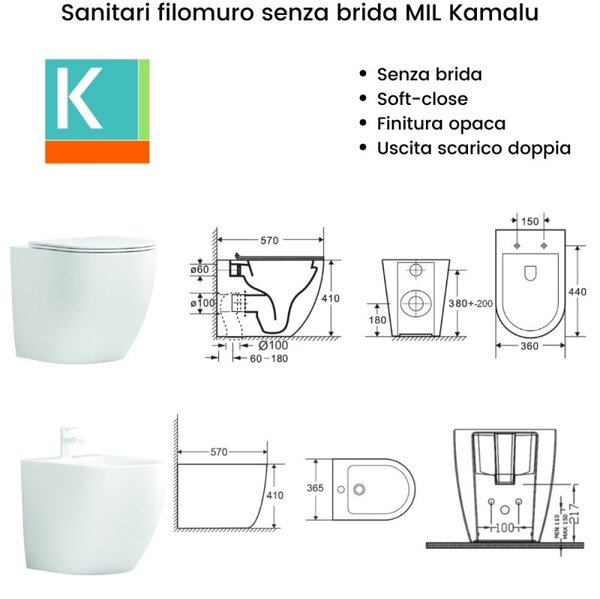 Kamalu vaso filo parete senza brida colore bianco lucido | mil-bl