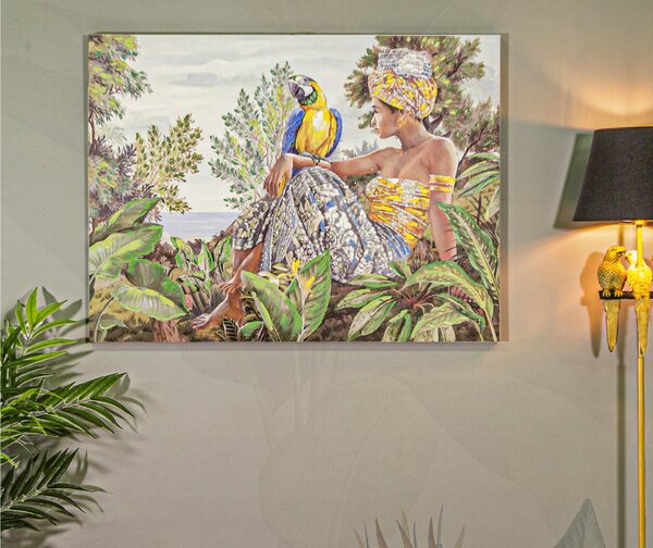 Dipinto su tela, quadro, donna seduta con un pappagallo KENDA 120x3x h 90 cm decoro raffigurante il volto di donna multicolore