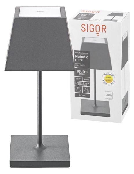 Sigor Nuindie Mini lampada da tavolo ricaricabile IP54 alluminio Easy Connect grigio grafite angolare