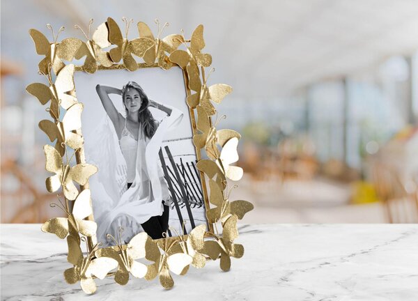 Porta foto cornice Butterfly Glam in Metallo decorato, Dimensioni 28x11,5x30,5 cm - misura interna cm 15x20 colore oro