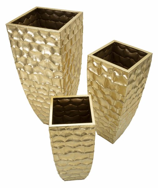 Set di 3 vasi in metallo dorato con eleganti decorazioni circolari in rilievo. NAIROBI, h 94-h 76-h 63 cm colore dorato