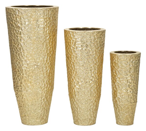 Set di 3 vasi in metallo dorato con eleganti decorazioni circolari in rilievo. NAIROBI, h 114-h 92,7-h 70,5 cm colore dorato