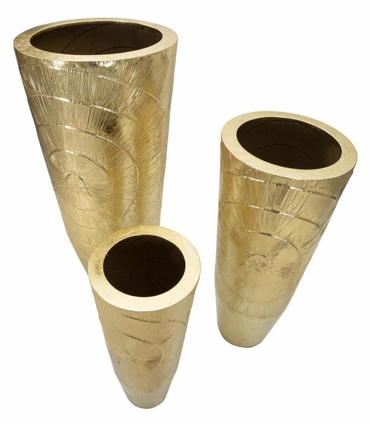 Set di 3 vasi in metallo dorato con eleganti decorazioni circolari in rilievo. NAIROBI, h 114-h 92,7-h 70,5 cm colore dorato