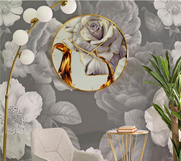 Orologio rotondo da parete con elegante cornice dorata Dimensioni � 60x 5 cm quadrante decorato con una rosa