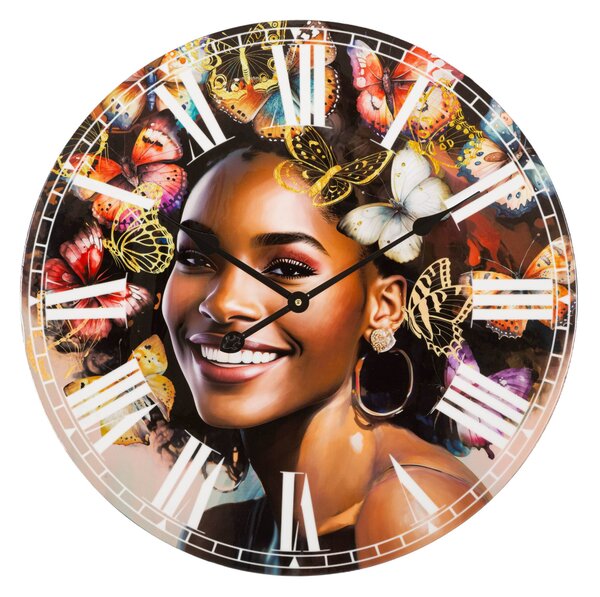Orologio da parete raffigurante una donna con eleganti farfalle colorate KOURT Dimensioni 60x60x h4,5 cm applicazioni in tessuto