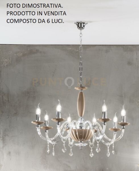 Lampadario cecilia 6 luci vetro e cristallo tortora e trasparente a