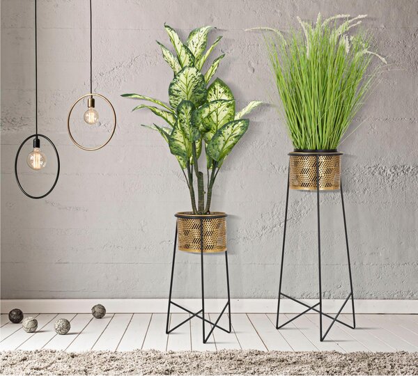 Portavasi con piedistallo in Metallo Oro e Black, EXY Dimensioni � 37x76- �27x51 cm portavasi con piedistallo con intagli