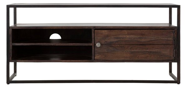 Mobile Porta TV in legno massello di acacia composta da 3 ripiani, BURN, Dimensioni 120x40xh 55 cm 3 ripiani e anta incorniciato