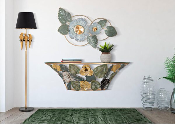 Consolle semicircolare da parete in metallo dorato con piano in vetro AMAZ Dimensioni 120x41x h 37,2 cm - Peso 9,0 kg Vetro temperato a specchio telaio oro