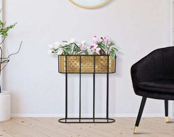 Portavasi Ovale con piedistallo dorato finemente intagliato, HOLDER OVALDimensioni 60x20xh 70 cm portavasi e piedistallo in metallo nero