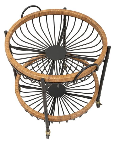 Carrello rotondo con struttura in metallo nero Dimensioni 57x55,5x62,5 cm Struttura con 2 ripiani e cestini e Rattan