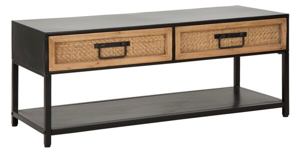Mobile porta Tv con struttura e ripiano in metallo nero con 2 cassetti, HANOI, Dimensioni 95x38xh 38 cm Lavorazione legno rattan