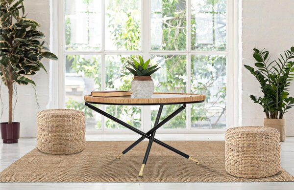 Tavolo da caff� rotondo con struttura in metallo nero, BOHO CHIC, dimensioni � 80X46,5 cm piano in vetro incorniciato in un intreccio di rattan