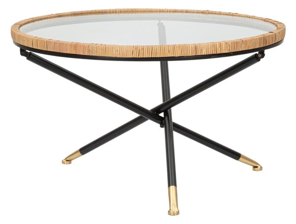 Tavolo da caff� rotondo con struttura in metallo nero, BOHO CHIC, dimensioni � 80X46,5 cm piano in vetro incorniciato in un intreccio di rattan