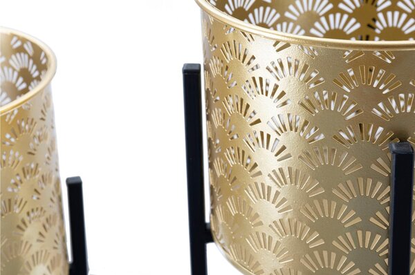 Portavasi coppia in metallo dorato Con intagli Foglie, HOLDER GOLVY Dimensioni � 21xh38 - 19xh28 cm portavasi e piedistallo in metallo oro