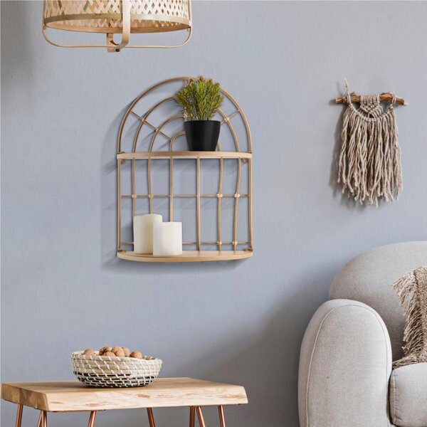 Mensola Doppia da Muro Sospesa in Metallo e Rattan Dimensioni 34,5x18x45,5 cm dotata di due comudi ripiani