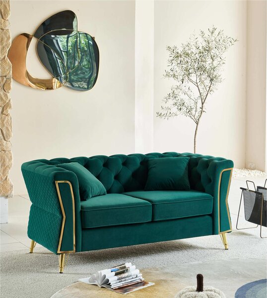 Divano due posti verde con gambe dorate Rivestimento in Velluto Trapuntato Dimensioni 162x73xh 86 cm colore Verde